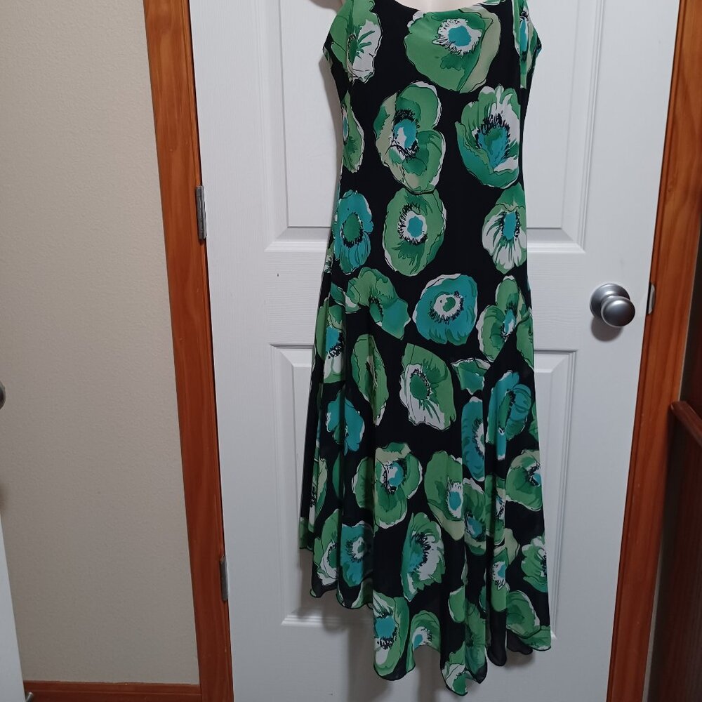 Vintage Rena Rowan Asymmetrical Spaghetti Strap Dress Green Blue Floral Size 12 - Picture 12 of 13